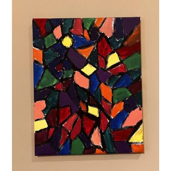 Oil Painting Abstract Small Colorful Canvas 11x14 “Puzzle Plane” Cathedral - Picture 1 of 7